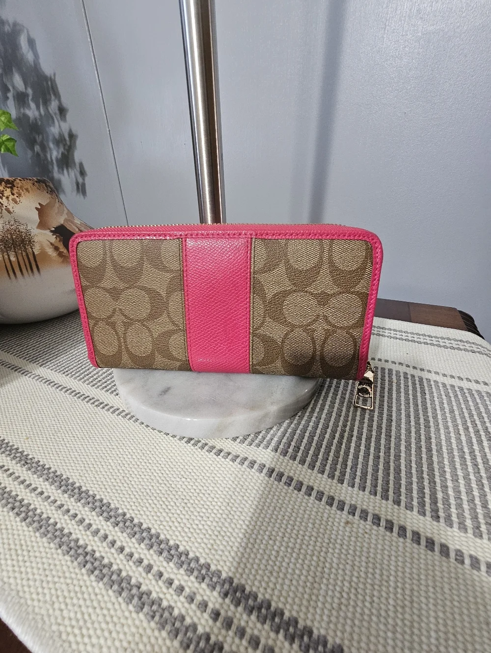 Coach Signature Canvas Wristlet with Pink Trim